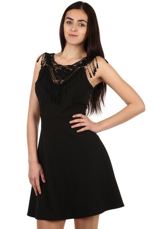 Seductive dress with lace inset and adornment around the neckline. Back zip. Import: Italy Material: 94% polyester, 6%