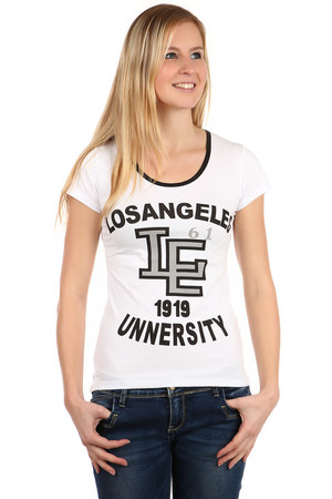 Women's cotton shirt with a distinctive inscription on the front. Classic cut. Short sleeve. Around a round neckline