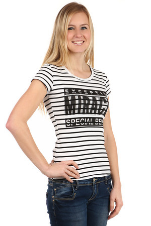 Comfortable shirt with strips, with inscription and rhinestones. Material: 95% cotton, 5% elastane