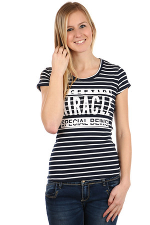 Comfortable shirt with strips, with inscription and rhinestones. Material: 95% cotton, 5% elastane