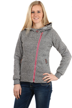Modern sweatshirt with zipper on the side. Motif decorated with the inside of the hood and buttons at the pockets and at the