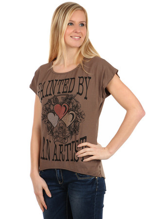 Modern t-shirt with prints and rhinestones. Rear part longer than front. Import: Italy Material: 95% cotton, 5% elastane