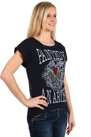 Modern t-shirt with prints and rhinestones. Rear part longer than front. Import: Italy Material: 95% cotton, 5% elastane