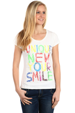 Women's T-shirt with round neck and short sleeves. On the front part is a colorful inscription that shines under the sewn