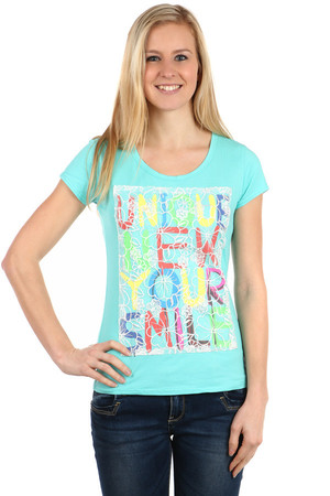 Women's T-shirt with round neck and short sleeves. On the front part is a colorful inscription that shines under the sewn
