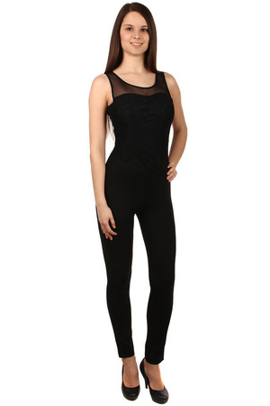 Elegant women's overall with lace and transparent straps. Back zip fastening. Import: Italy Material: 95% polyester, 5%