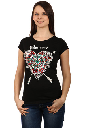 Women's cotton t-shirt with short sleeves. On the front part there is a distinctive print of a colored heart. Back part