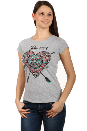 Women's cotton t-shirt with short sleeves. On the front part there is a distinctive print of a colored heart. Back part