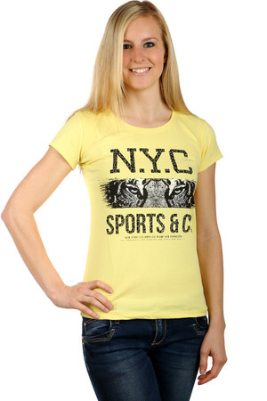 Women's Cotton T-Shirt with Round Neck. Front part with distinctive safari motif and lettering. Back part monochrome. Short
