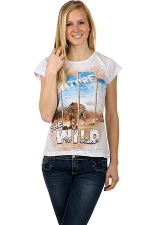 Women's cotton t-shirt. Front part with inscription and safari print. Back part monochrome. T-shirt has a round neck, short