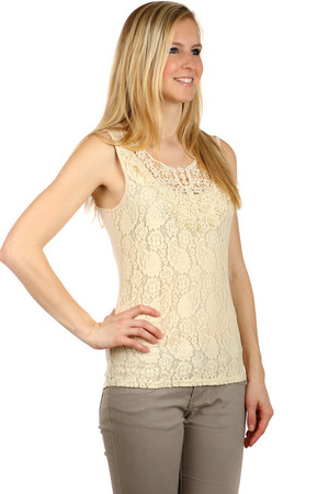 Women's social lace tank top. Lace is topped with beads. Material: 65% cotton, 35% polyester