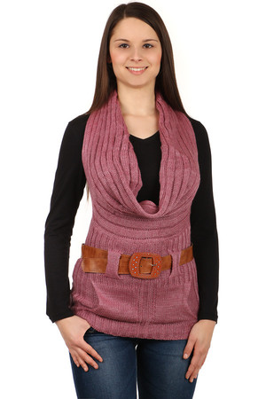 Women's stylish knitted vest with a wide collar, so-called water. Small pockets in front. Belt included. Material: 70%
