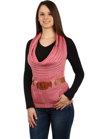 Women's stylish knitted vest with a wide collar, so-called water. Small pockets in front. Belt included. Material: 70%