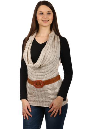 Women's knitted vest without fastening, deep neck, complete with leatherette strap. Material: 70% acrylic, 30% wool