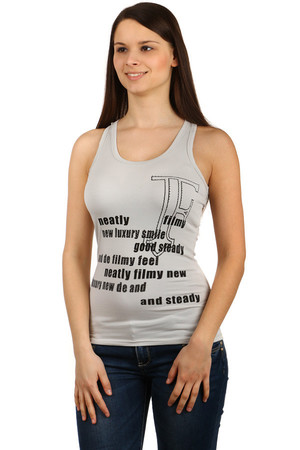 Women's cotton tank top with lettering in front and lace back. The inscriptions are completed with stones. Material: 95%