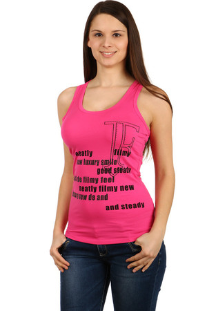 Women's cotton tank top with lettering in front and lace back. The inscriptions are completed with stones. Material: 95%