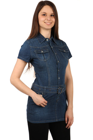 Women's denim dress on buttons. Belt and pockets in front and back. Material: 95% cotton, 5% elastane