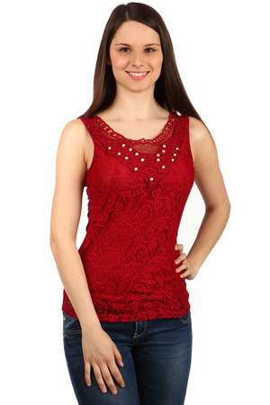 Women's elegant tank top. Lace front part, lined with fabric, decorated with pearls around the neckline. Smooth back.