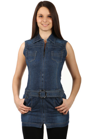 Sleeveless stylish jeans dress with zip fastening. Belt included. Material: 95% cotton, 5% elastane.