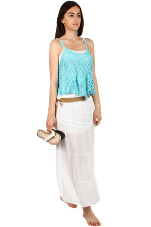Women's lace tank top. The floral pattern adds a romantic look to the undershirt. The tank top is worn as the top of the
