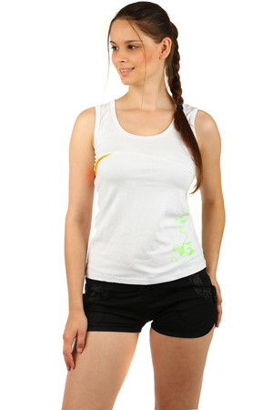 Women's singlet with print in sports style. Round neckline, wide shoulder straps. A choice of many colors. Material: 85%