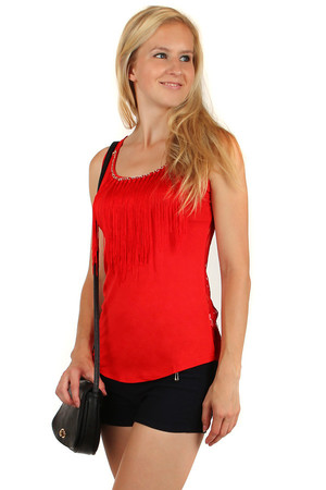 Beautiful tank top with fringes and gold trim in the neckline. Lace back. Material: 95% cotton, 5% elastane.