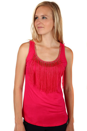 Beautiful tank top with fringes and gold trim in the neckline. Lace back. Material: 95% cotton, 5% elastane.