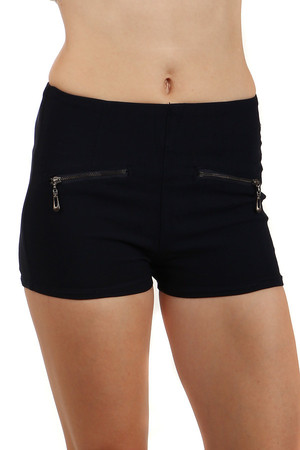 Mini high-waist shorts with zippers for decoration. Rubber waist. Flexible material. Non-functional pockets. Dark blue color.
