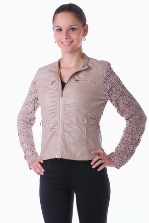 Modern women's jacket with zip fastening. The sleeve is decorated with lace. The jacket is without a low-collar hood. Side