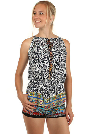 Ladies summer short overall in oriental style. Tapered at the waist with rubber. Material: 65% cotton, 35% polyester.