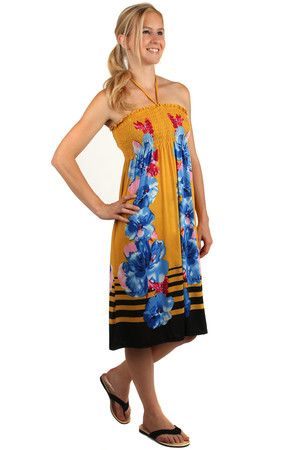 Strapless summer beach dress with floral print. Flipping on the chest. Material: 65% polyester, 35% cotton