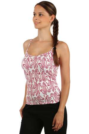 Women's tank top with narrow straps. White background with ornament print in red. Classic cut, suitable for any occasion.