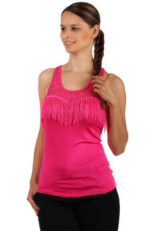 Women's unusual monochrome tank top. The neckline is lacy, complete with fringes and beads. Cut-out straps on the back.