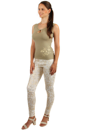 Women's Cotton Tank Top. An interestingly designed neckline is adorned with rhinestones. Floral print on the left bottom