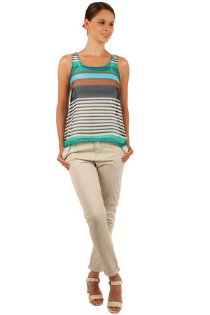 Women's loose tank top with strips on the front. Rear, longer part is monochrome. The vest has a round neckline and wide