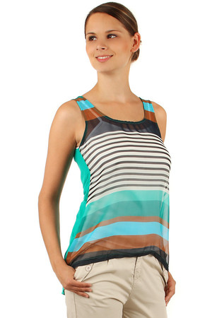 Women's loose tank top with strips on the front. Rear, longer part is monochrome. The vest has a round neckline and wide
