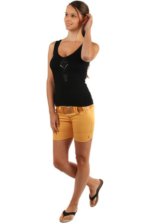 Women's cotton monochrome tank top. The deep neck is decorated with a sequin-shaped flower-shaped application. Wide straps