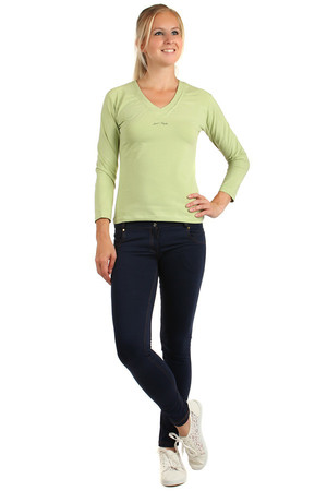 Women's sports t-shirt with V-neck. Solid color with long sleeves. T-shirt is without printing, only under the neckline a