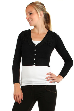 Sweater bolero, long sleeves and ruffles. Choice of many colors. Material: 30% cotton, 30% wool, 20% acrylic, 20% spandex.