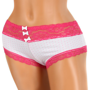 Polka dot panties lined with lace. Decorative bows. Material: 95% cotton, 5% elastane