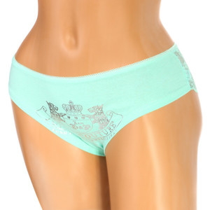 Women's panties with lace on the back. Silver / golden picture on front of panties. Material: 95% cotton, 5% elastane.
