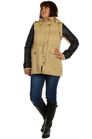 Women's jacket - parka with leatherette sleeves and hood. Zip fastening. The waist and bottom hem can be pulled with a lace.