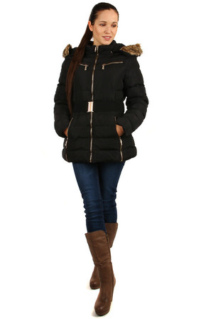 Women's winter jacket with belt and fur on the hood. The hood can be unfastened or only the fur removed. Suitable for city