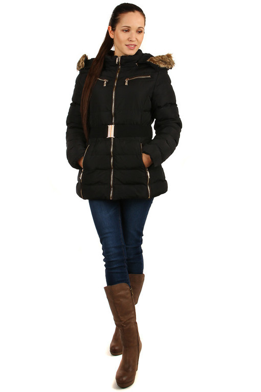 Winter women's jacket with belt and fur on the hood