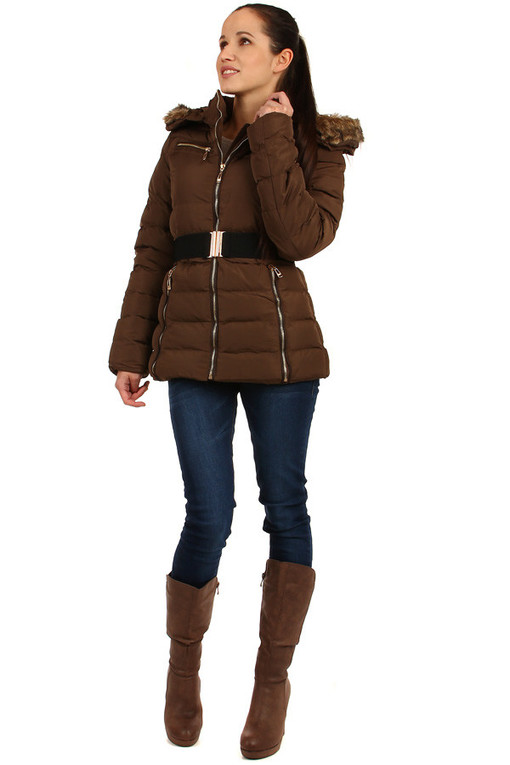 Winter women's jacket with belt and fur on the hood