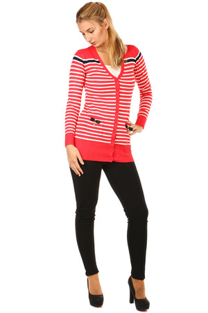 Striped lace sweater with bows on pockets. Material: 83% polynosic, 17% elastane.