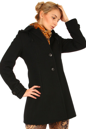 Women's elegant wool coat with removable hood. Button fastening. A-cut. Suitable for winter. Up to size XXXL. Material: 80%