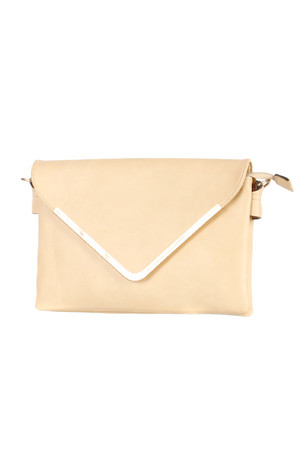 Larger clutch or small purse with gold border. Also included is a short loop and a long adjustable strap. Patent and zip