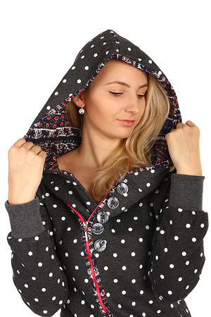 Long polka dot sweatshirt with asymmetric zipper. Different pattern inside the hood. Material: 65% cotton, 35% polyester.