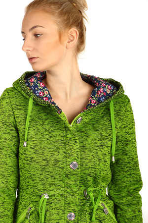 Women's insulated jacket with button fastening and hood. The distinctive pattern of the inside of the hood, which also